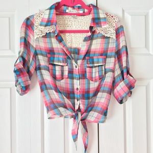 Sheer plaid shirt with lace